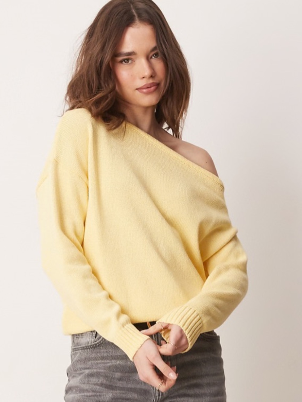 Francesca's Collections Pale Yellow Off-Shoulder Fine Gauge Knit Sweater